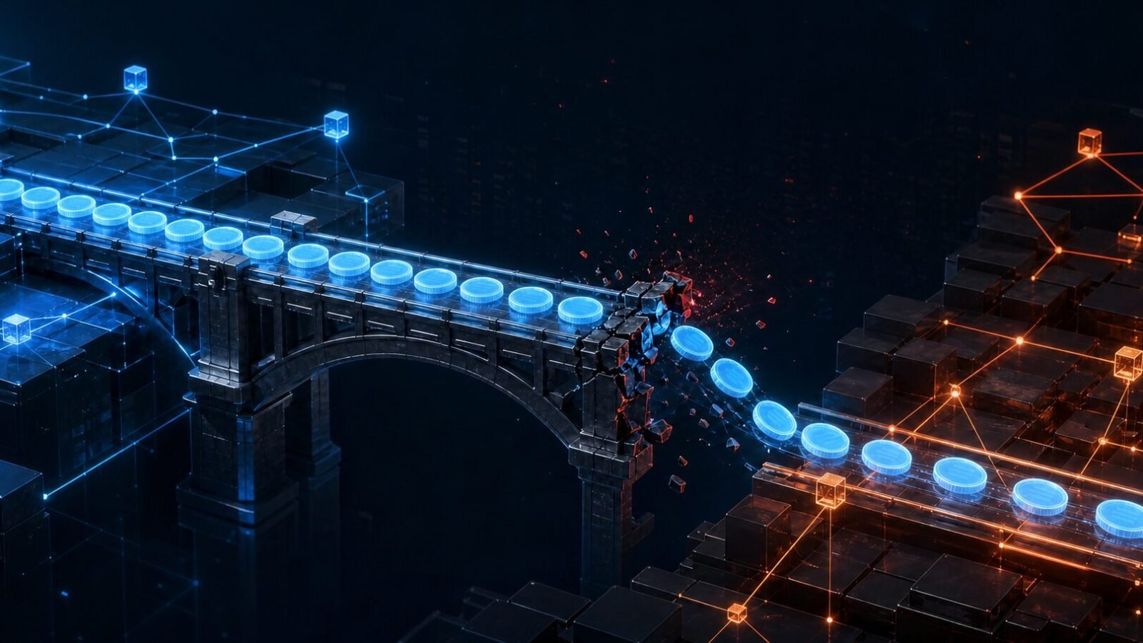 AFX Bridge Exploit als gebrochene digitale Brücke zwischen zwei Blockchain-Netzwerken mit abfließenden Token