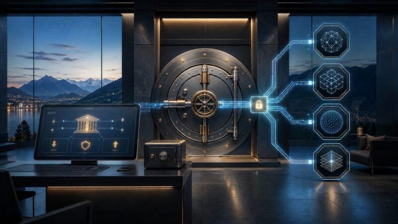 BancaStato Krypto-Handel als gesicherte Bankinfrastruktur mit vier abstrakten digitalen Vermögenswerten