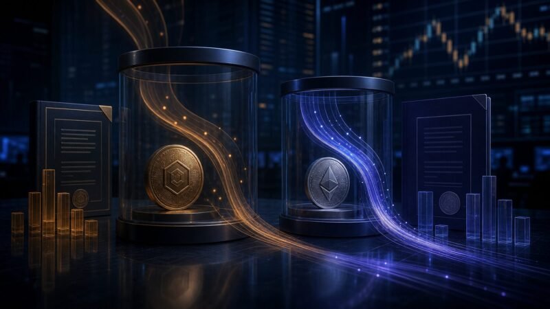 Bitcoin-ETF-Handelsvolumen als ruhiger orangefarbener Kapitalstrom neben einem aktiveren blauen Ether-ETF-Strom