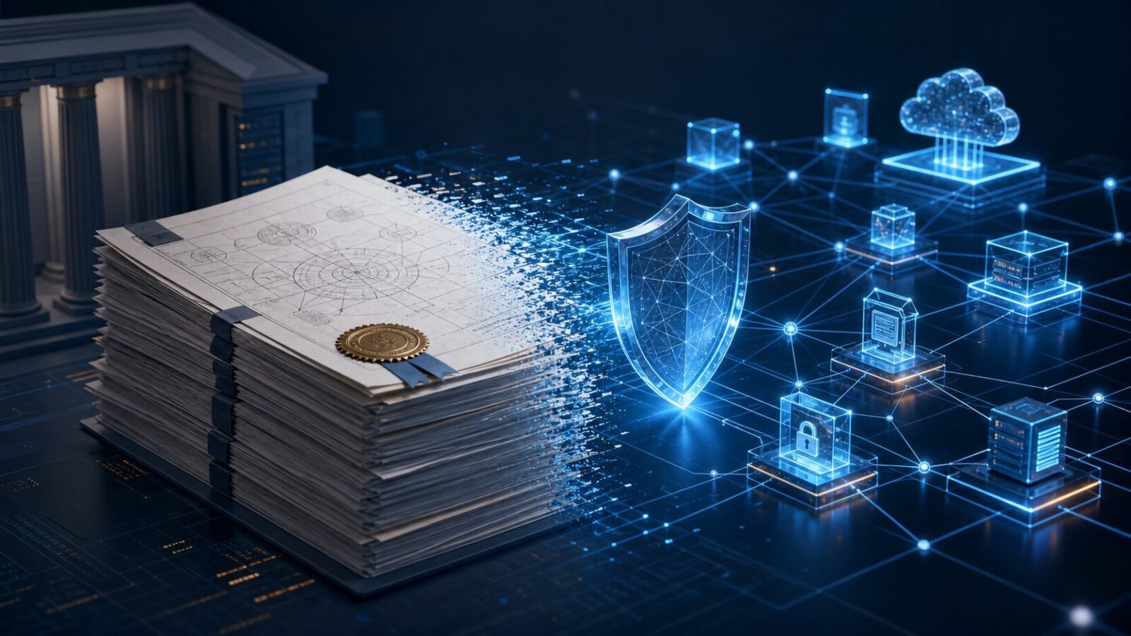 Circle IBM-Patente als Aktenstapel, der in ein gesichertes Blockchain- und Cloud-Netzwerk übergeht