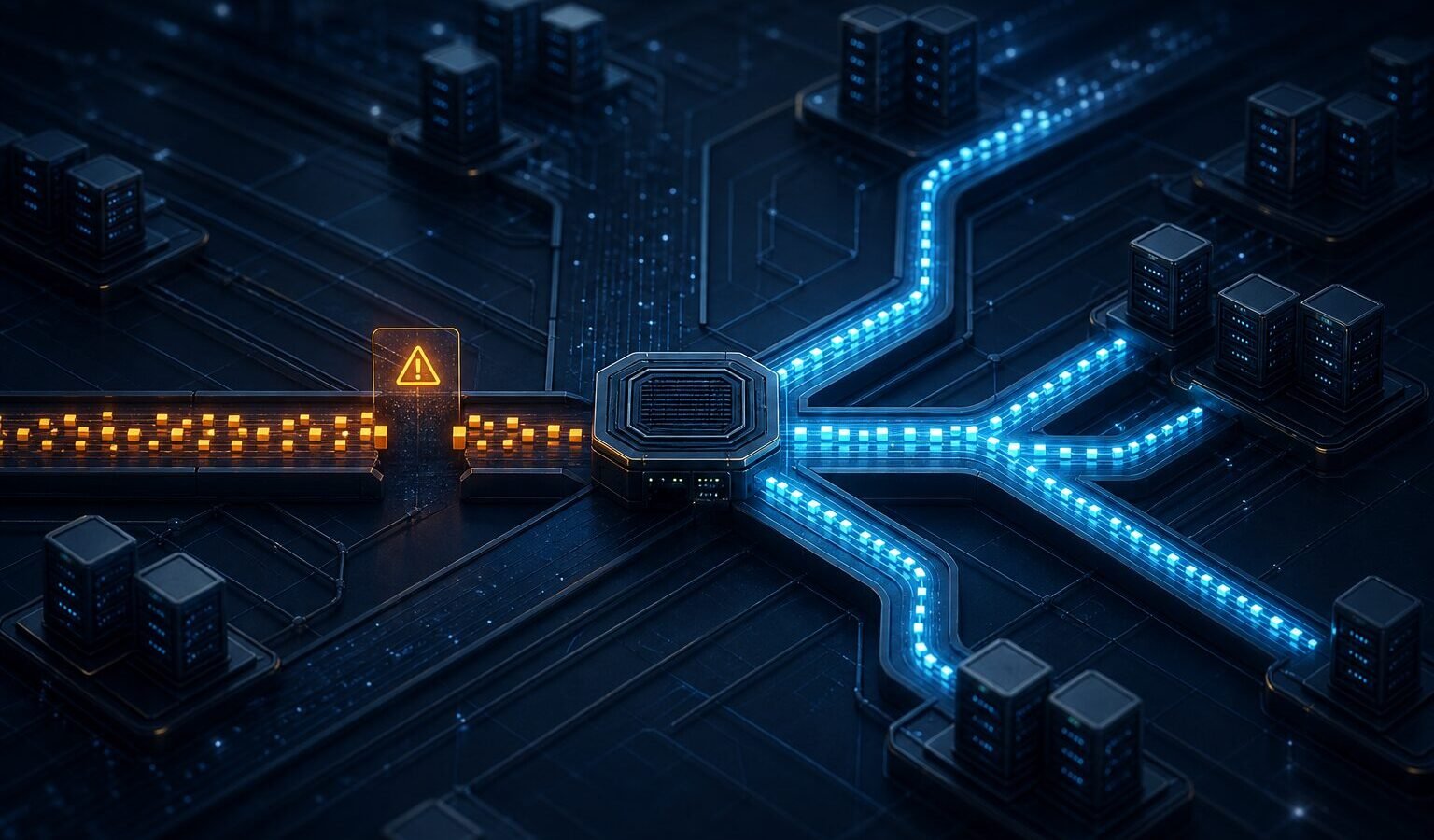 Coinbase-Ausfall als unterbrochener Datenstrom in einer abstrakten Börsen-Infrastruktur