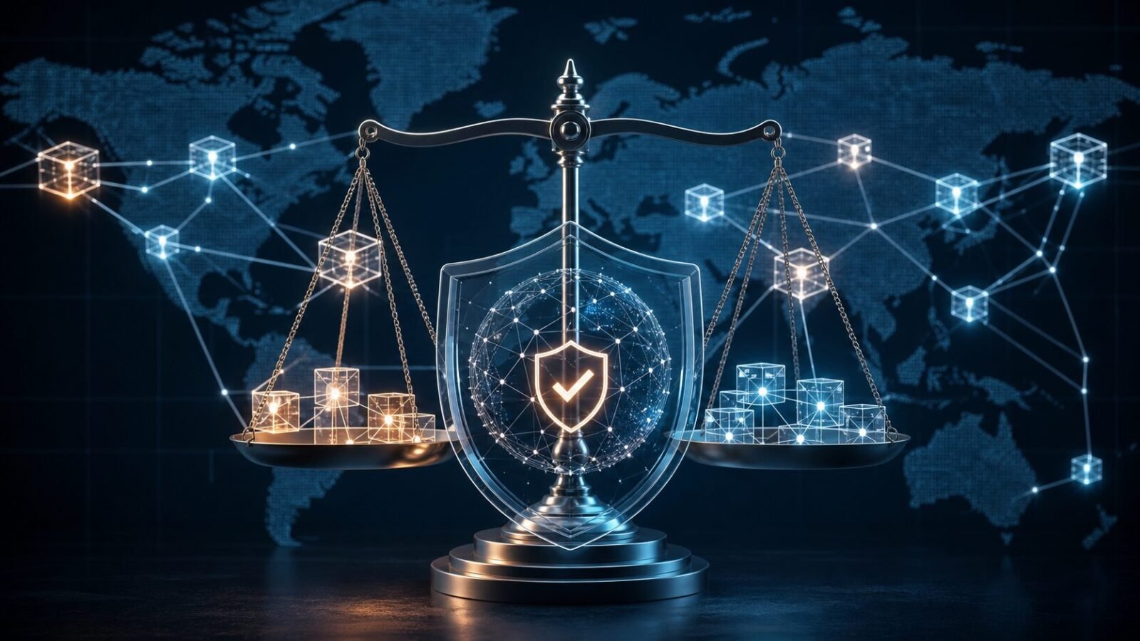 FATF-DeFi-Bericht: Globale Blockchain-Verbindungen hinter Waage und Schutzschild als Symbol für Regulierung
