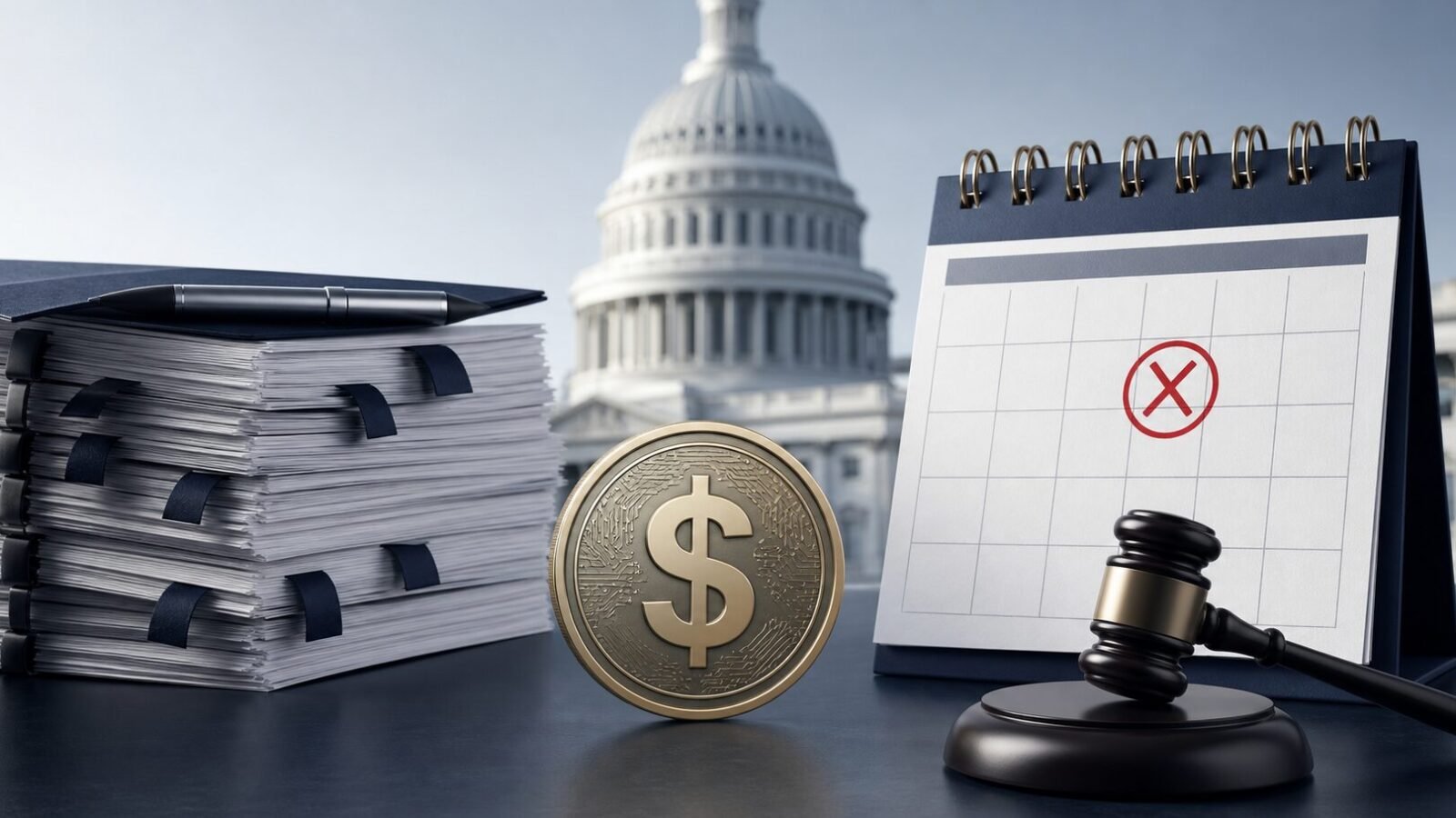 Symbolbild zu den verspäteten GENIUS Act Stablecoin-Regeln mit US-Kapitol, Aktenstapel, Kalender und digitaler Dollar-Münze