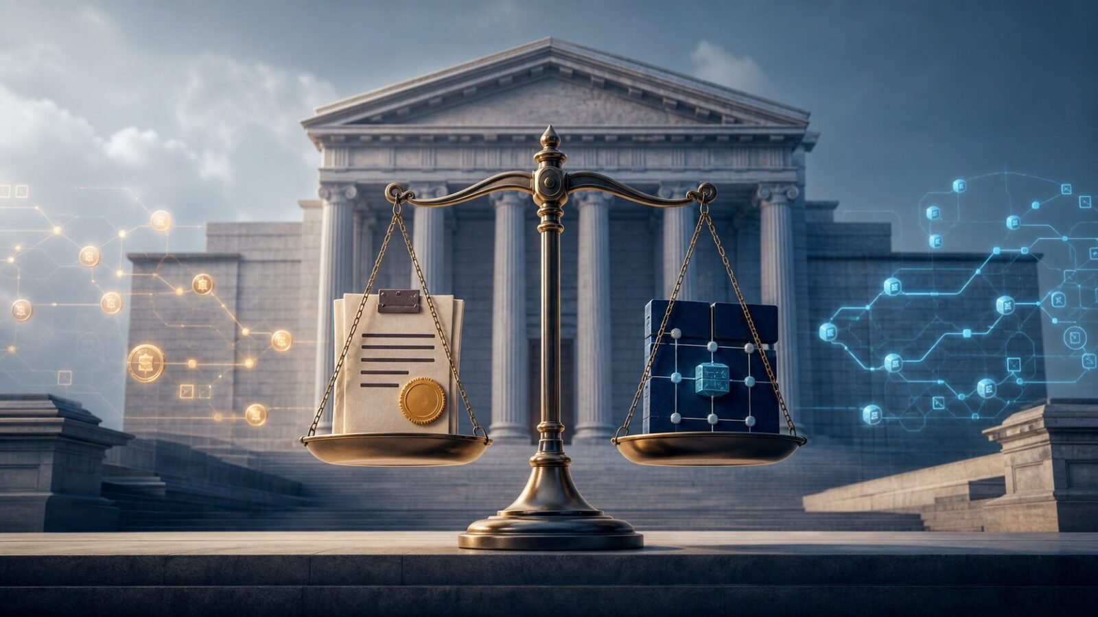 Illinois-Krypto-Steuer: Waage vor einem Gerichtsgebäude mit Steuerdokument und Blockchain-Netzwerk