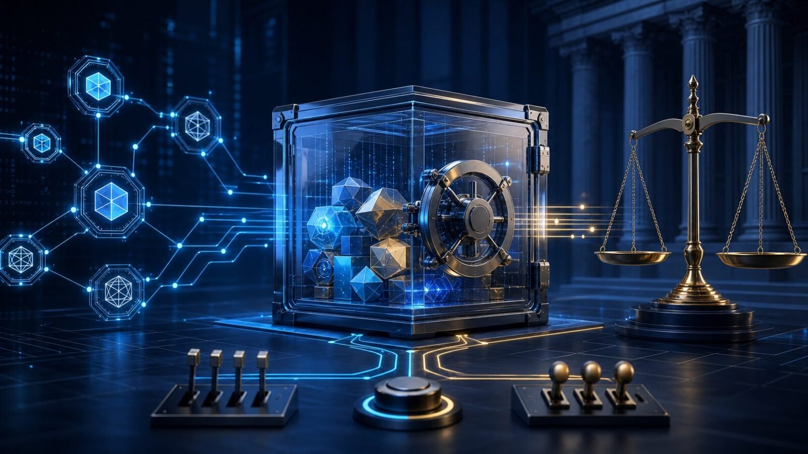 Abstrakte Krypto-Vaults mit digitalen Vermögenswerten zwischen Smart Contract und Waage
