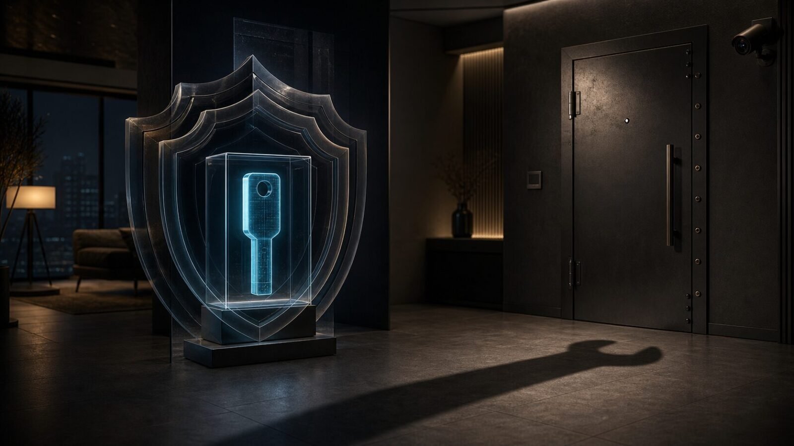 Symbol für Krypto-Wrench-Attacks mit geschütztem digitalem Schlüssel und dem Schatten eines Schraubenschlüssels