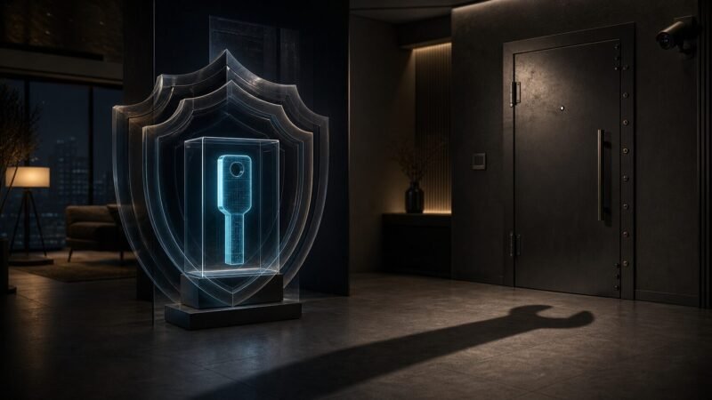 Symbol für Krypto-Wrench-Attacks mit geschütztem digitalem Schlüssel und dem Schatten eines Schraubenschlüssels