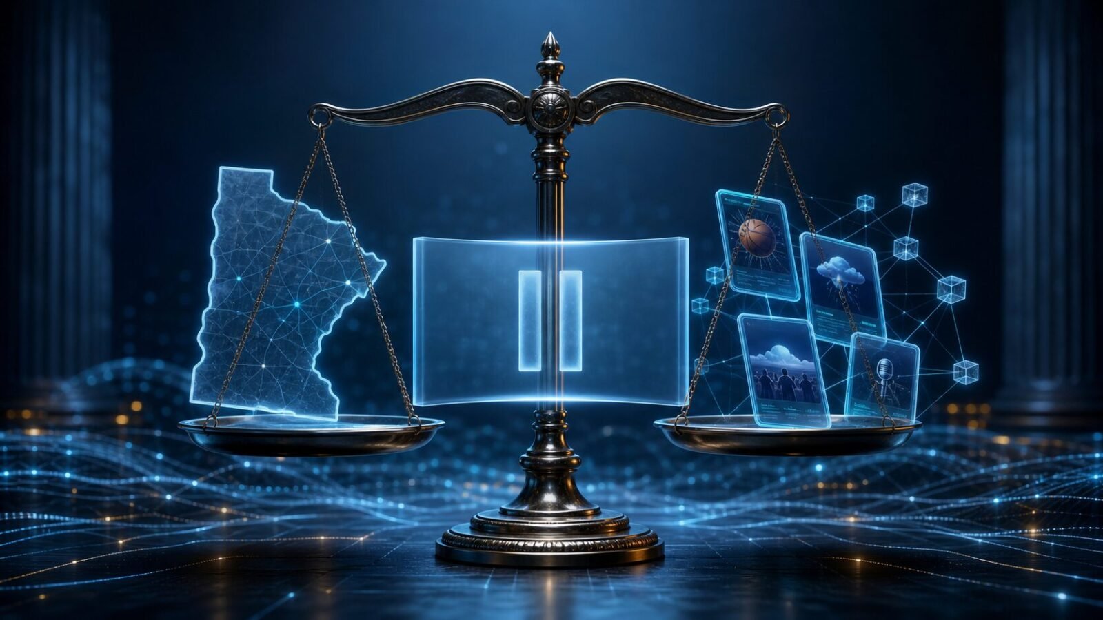 Digitale Waage mit Minnesota-Karte, Event-Kontrakten und Pausensymbol zum Minnesota Prognosemarkt-Verbot