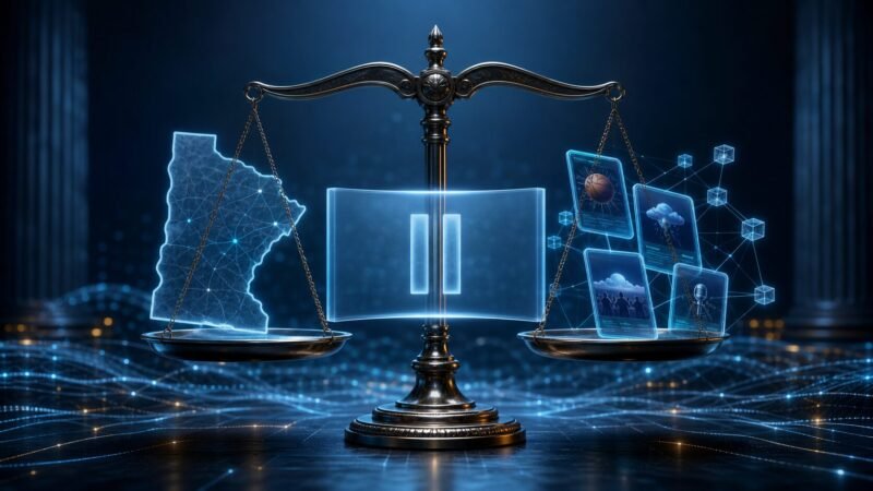 Digitale Waage mit Minnesota-Karte, Event-Kontrakten und Pausensymbol zum Minnesota Prognosemarkt-Verbot