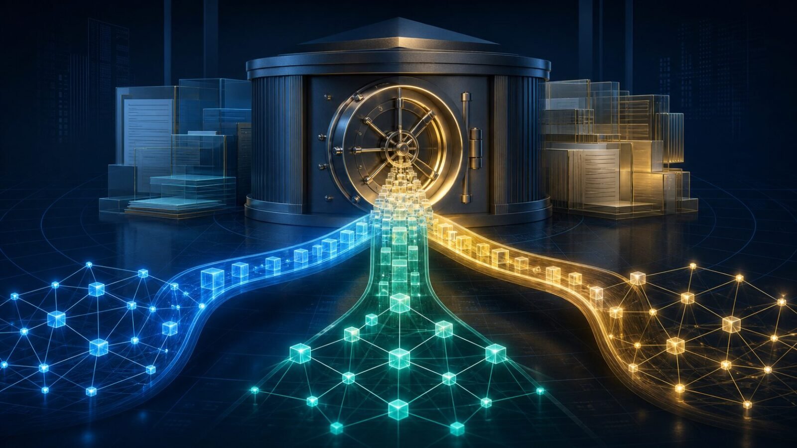 Mubadala tokenisierter Fonds als abstrakter Tresor mit drei digitalen Blockchain-Verbindungen