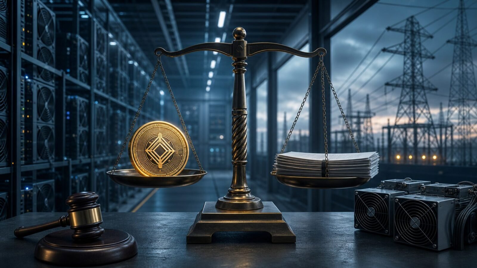Poolin-Insolvenz als Waage mit digitalem Token, Gerichtsakten und Bitcoin-Mining-Hardware