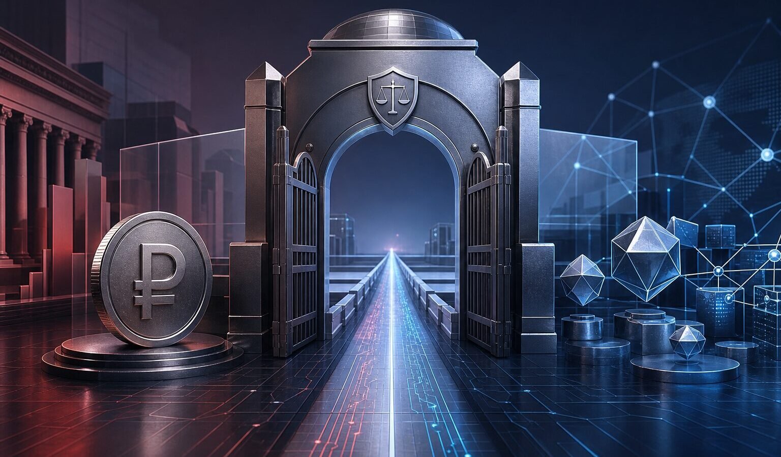 Reguliertes Tor zwischen Rubel, Finanzmarkt und Blockchain zum Russland Krypto-Gesetz 2026