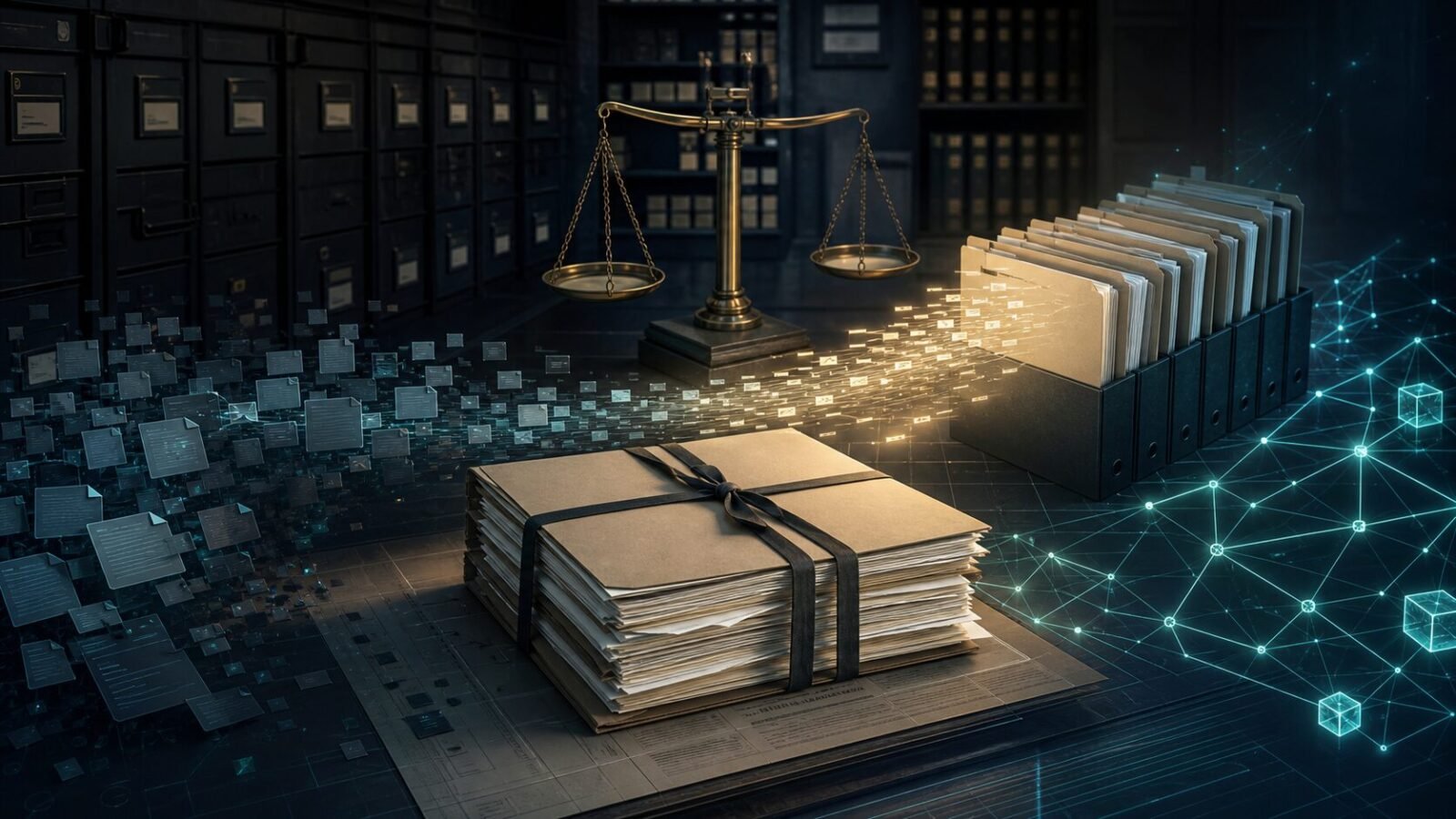Coinbase-FOIA-Einigung als geordnetes digitales Aktenarchiv mit Waage und Blockchain-Netzwerk