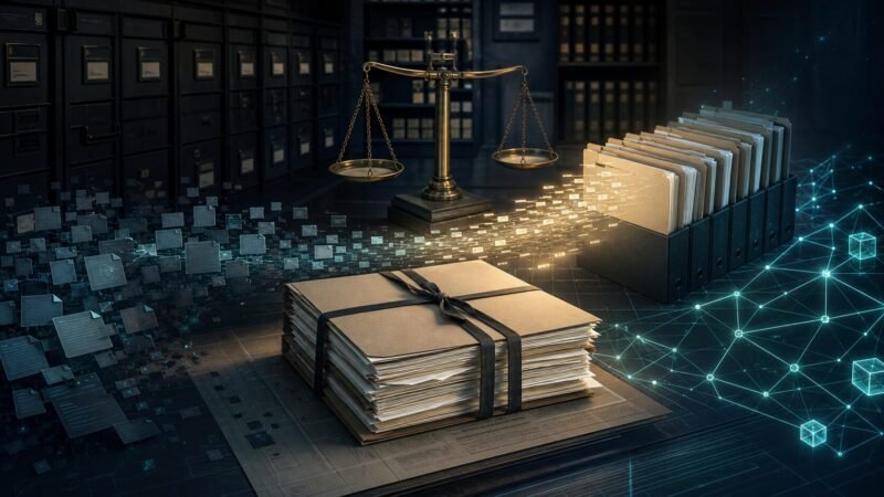 Coinbase-FOIA-Einigung als geordnetes digitales Aktenarchiv mit Waage und Blockchain-Netzwerk