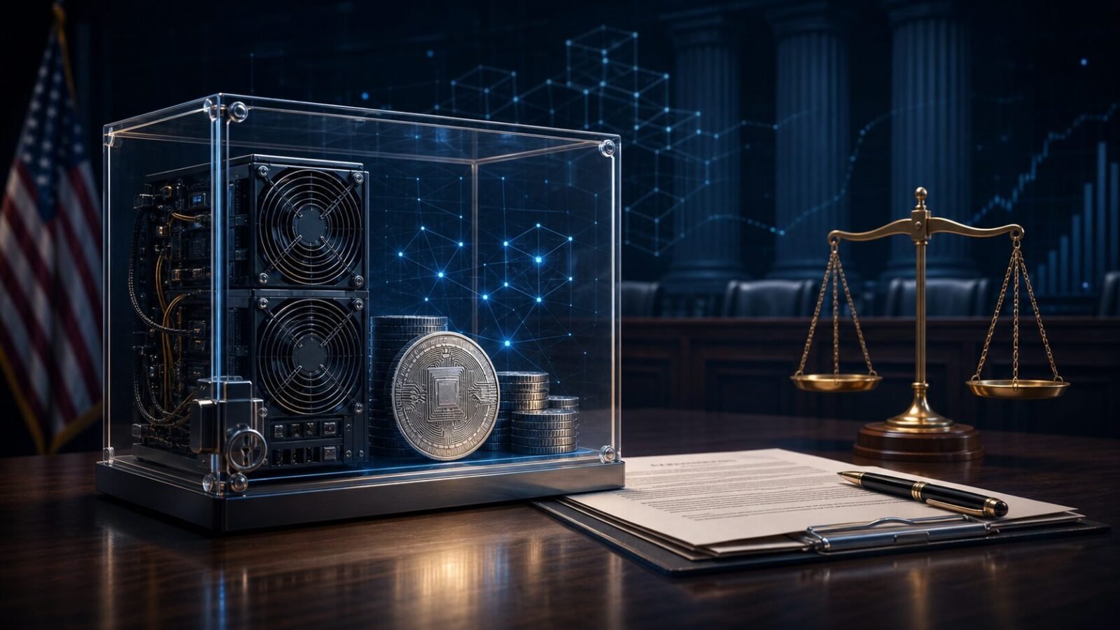 Symbolbild zur SEC-Krypto-Mining-Klage mit Mining-Rechner, Gerichtsunterlagen und Waage