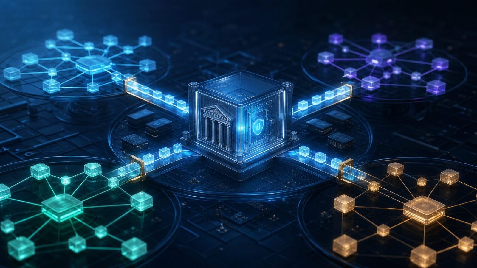 Tokenisierte Bankeinlagen fließen aus einem gesicherten digitalen Banktresor in vier abstrakte Blockchain-Netzwerke