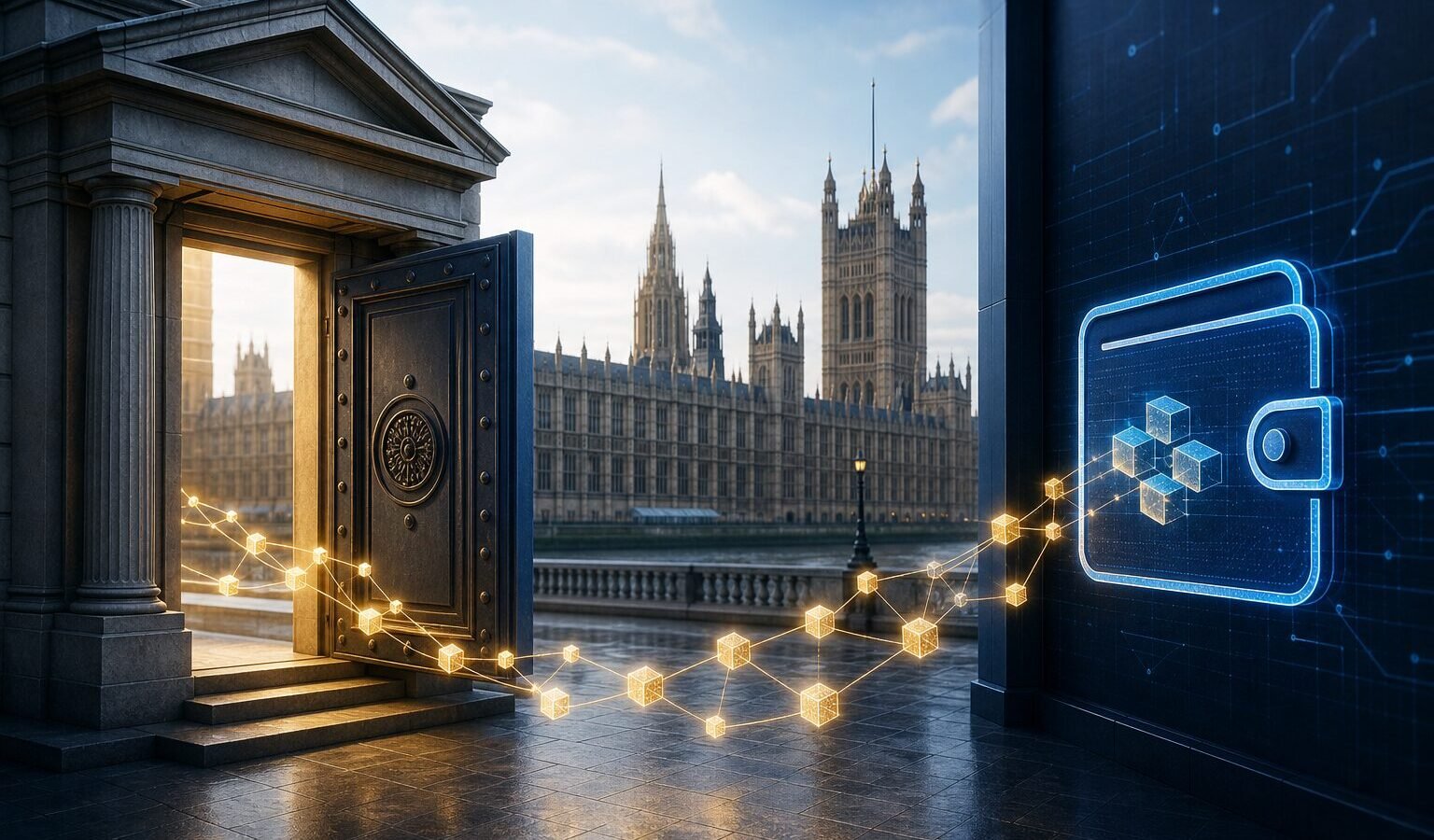 Symbolbild zur UK-Krypto-Banking-Untersuchung mit britischem Parlament, geöffnetem Bankportal und digitaler Wallet