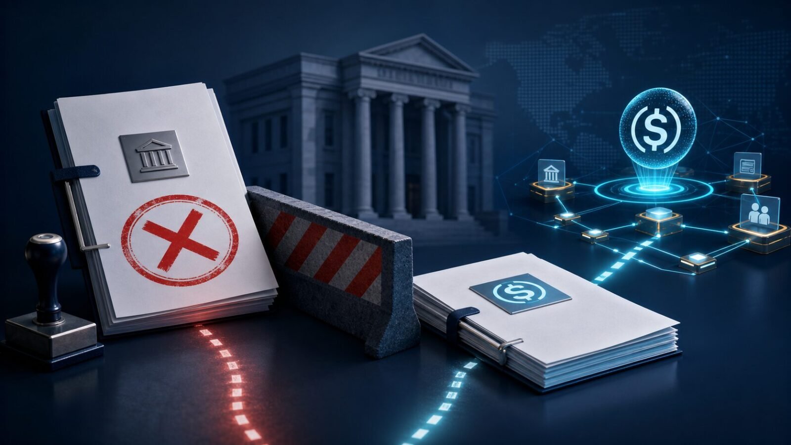 Wise-Trust-Bank-Antrag als abgelehnte Akte vor einer US-Bank und ein zweiter Weg zu digitalen Zahlungsnetzen