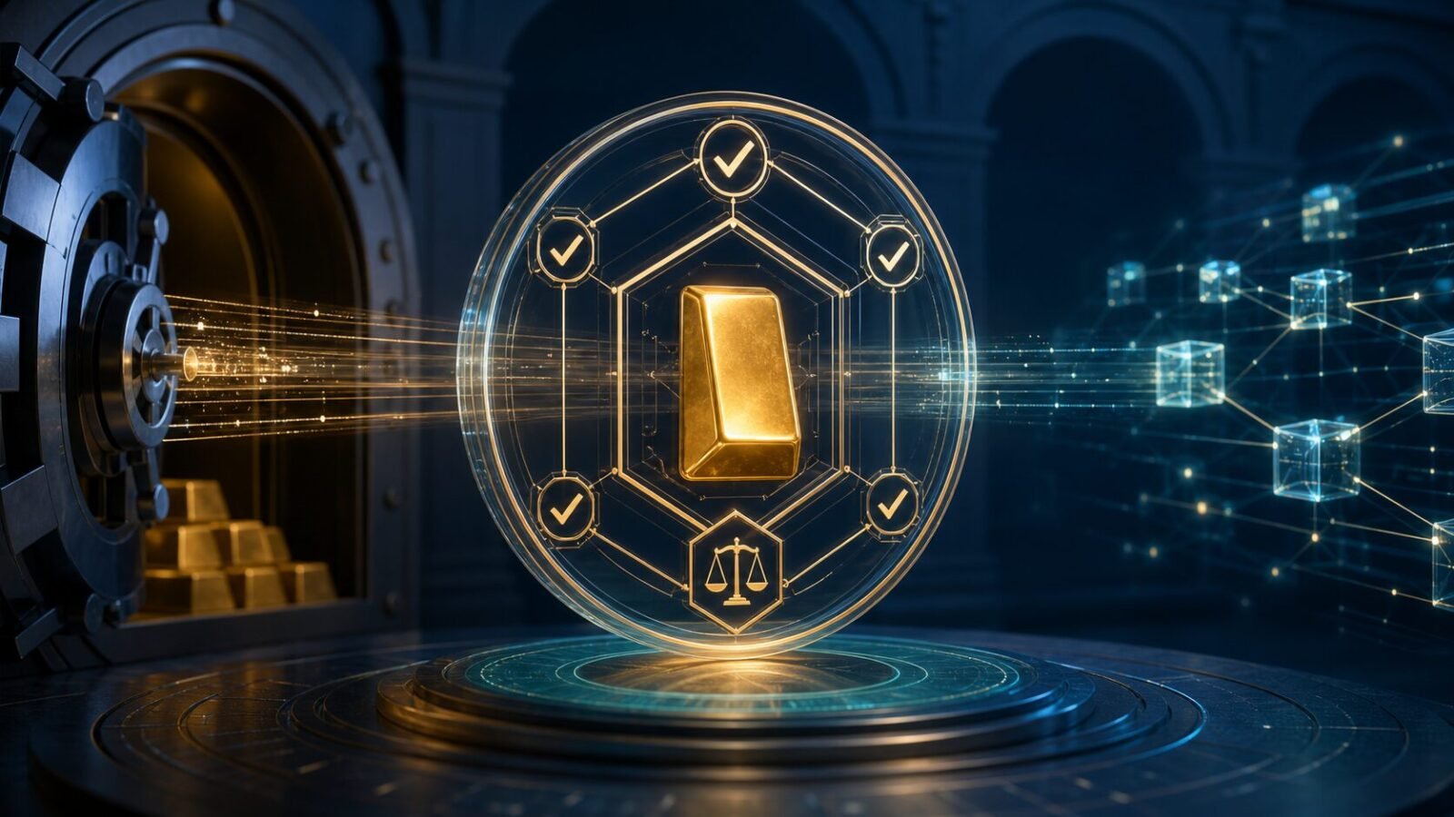 XAUT Scharia-Zertifizierung als geprüfter digitaler Goldbarren zwischen Tresor und Blockchain-Netzwerk