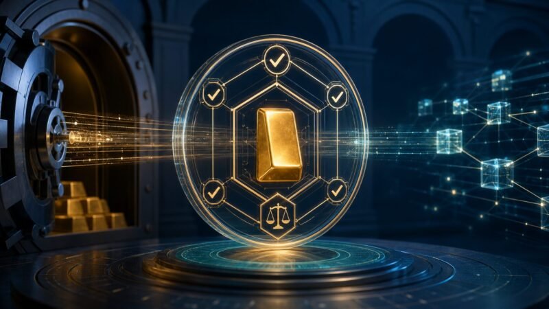 XAUT Scharia-Zertifizierung als geprüfter digitaler Goldbarren zwischen Tresor und Blockchain-Netzwerk